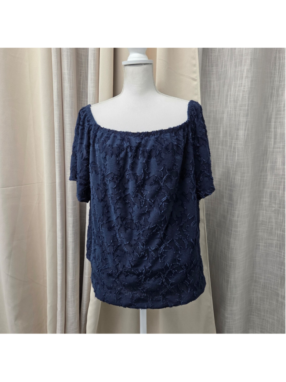 Banana Republic Navy Off The Shoulder Textured Fringe Blouse Shaggy Top XL
